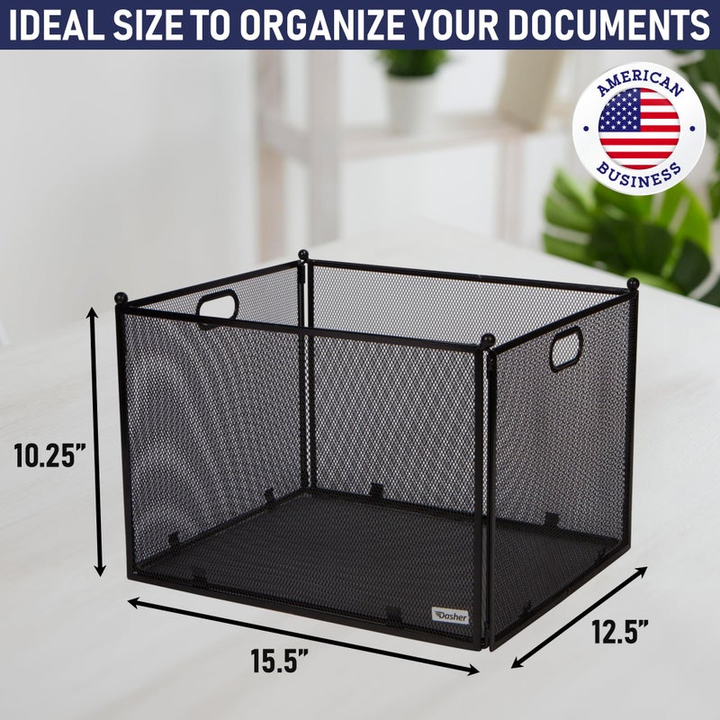Dasher Products Hanging File Organizer Mesh Box, Supports Letter and Legal-Sized Hanging Folders, Modern Black Metal Mesh File Crate, Collapsible Document Organizer Box for Home or Office Storage - Image 3